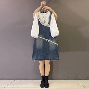胖mm大码女装春季新款时尚韩版宽松百搭牛仔背带裙搭配花苞袖上衣