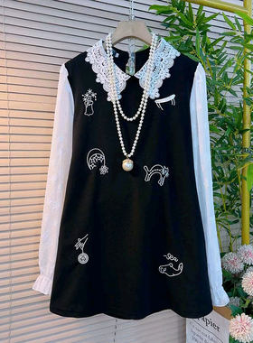 2026春季新款时尚名媛风花边翻领提花刺绣连衣裙大码女装胖mm裙子