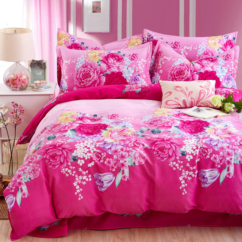 纯棉四件套全棉床单床上用品粉红色牡丹花双人被套玫瑰大花小清新