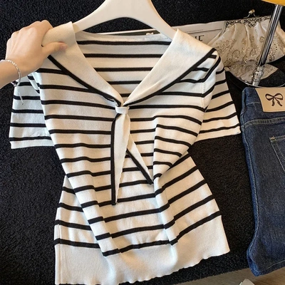 海军领条纹针织短袖T恤女夏季韩系小众法式减龄别致正肩半袖上衣