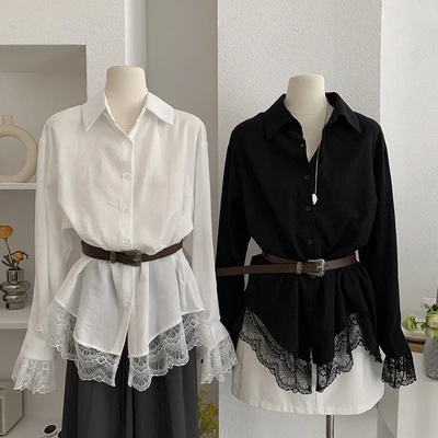 欧玛莱 蕾丝拼接收腰翻领长袖中长款衬衫秋季新款气质上衣女 4440