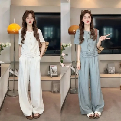 高级感时尚短袖套装女夏季2025新款气质显瘦休闲减龄阔腿裤两件套