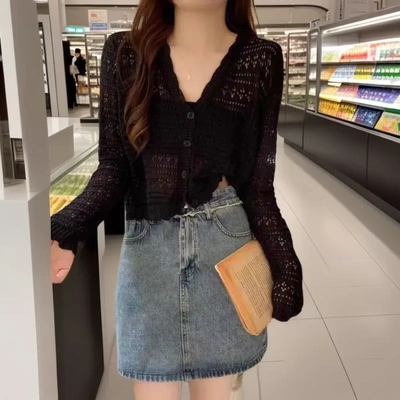 2026春秋新薄款镂空防晒披肩女外搭短款大码冰爽丝开衫长袖女外套