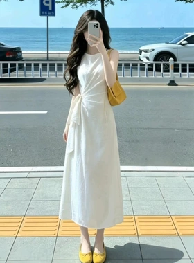 法式小香风白色无袖背心连衣裙女系带收腰显瘦通勤气质收腰长裙子