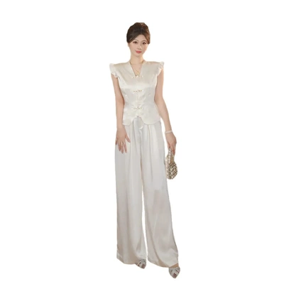 名媛气质套装女夏季高级感轻奢时尚V领盘扣上衣 阔腿裤两件套