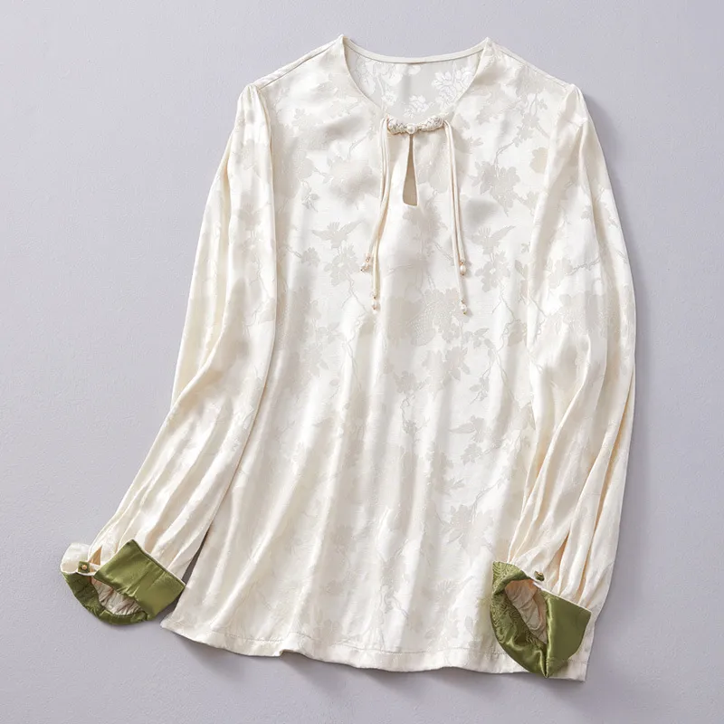 婵茶赋新中式气质圆领女装人丝提花盘扣泡泡袖古风汉服禅茶服上衣