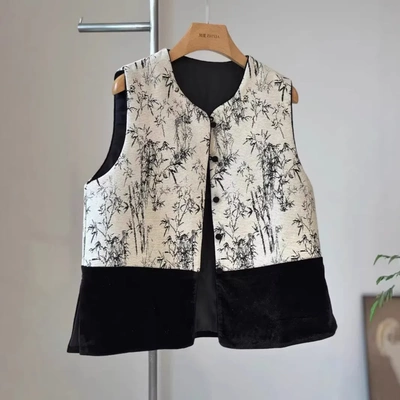 高级感国风新中式印花马甲女春秋显瘦百搭民族风叠穿外搭无袖马夹