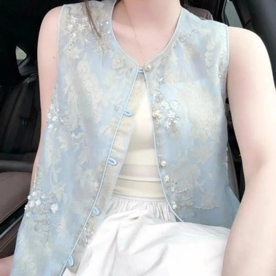 夏季新款国风上衣钉珠亮片重工刺绣中式马甲时尚薄款坎肩上衣