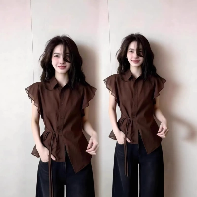 绑带荷叶边小翻领短袖衬衫女2026春季新款收腰气质咖色上衣