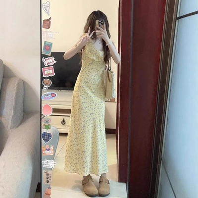 法式甜美荷叶边碎花连衣裙子女收腰气质设计感小众温柔风长裙夏季