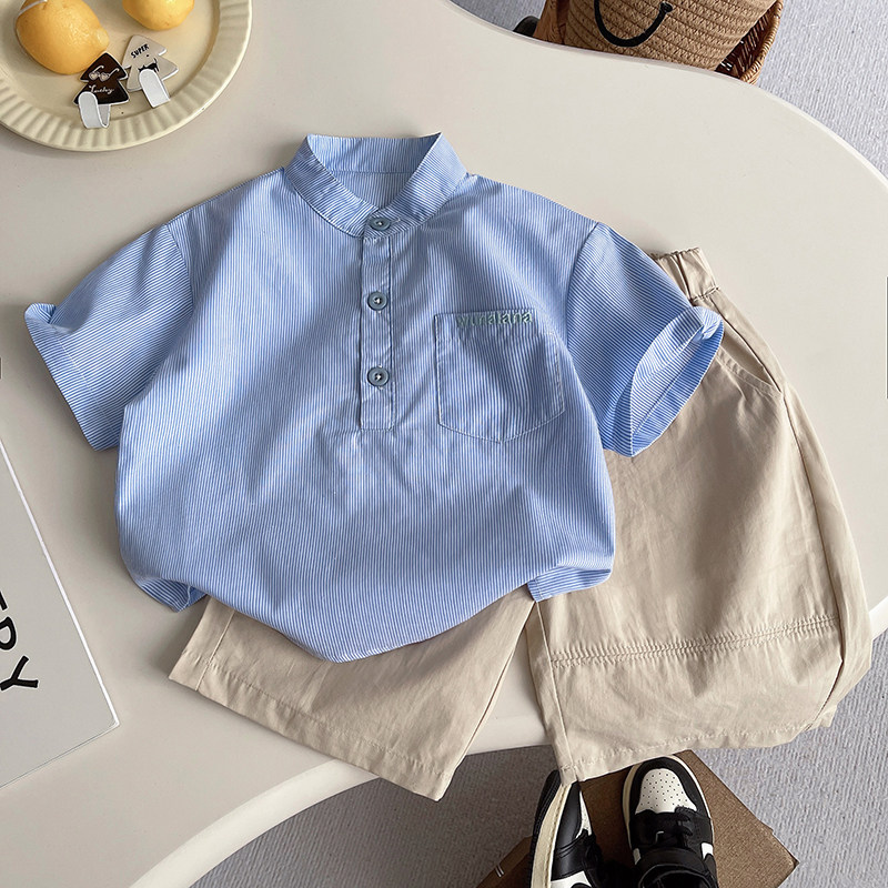 男童日系盐系蓝白条纹立领小童短袖衬衫套装衬衫男童夏季休闲套装