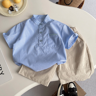 男童日系盐系蓝白条纹立领小童短袖衬衫套装衬衫男童夏季休闲套装