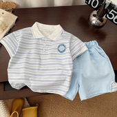 2026新款 小童夏季 韩版 童装 洋气男童短袖 洋气条纹翻领POLO衫 套装