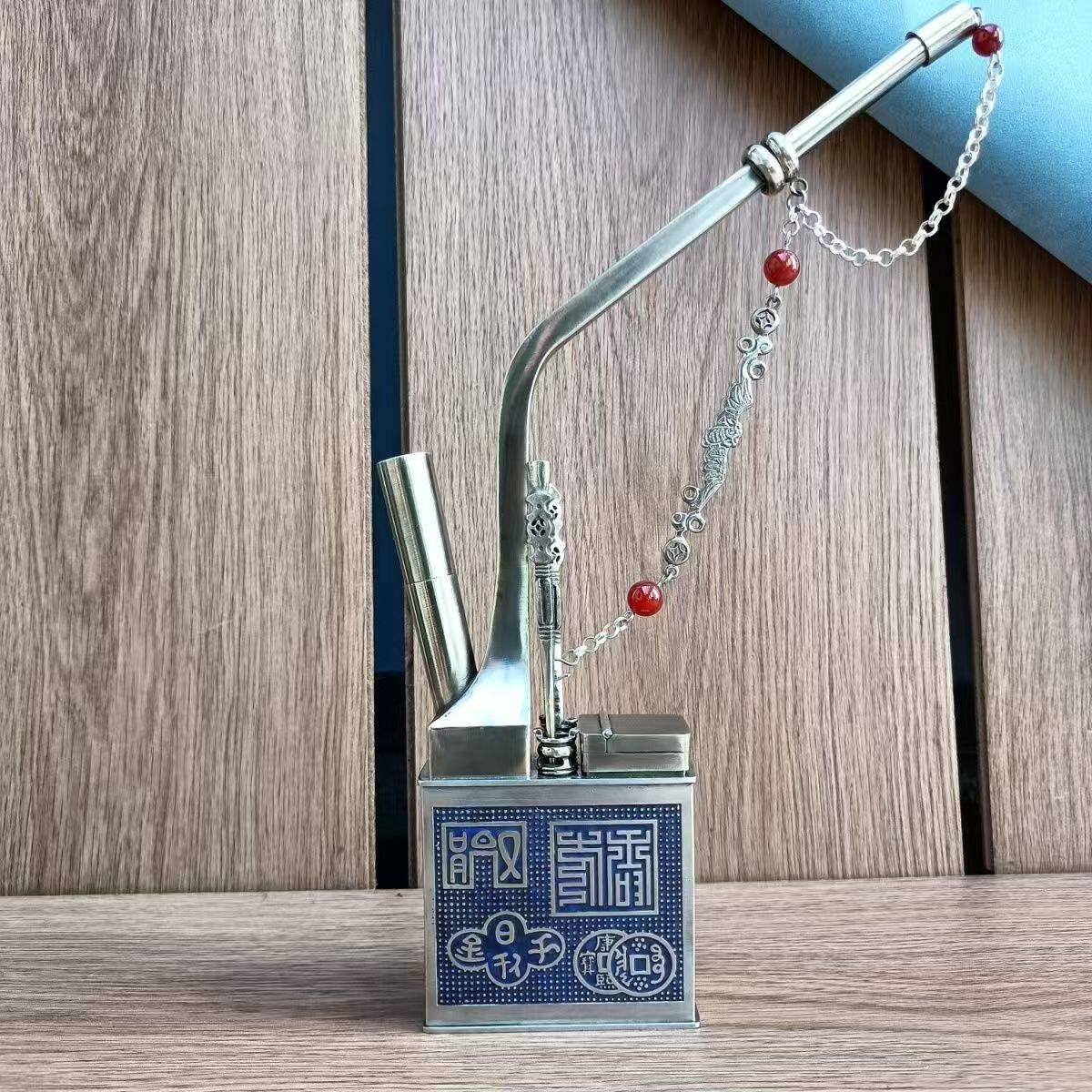 高档精美纯白铜手工雕刻景泰蓝方形水过滤烟壶水烟袋锅子水烟瓶斗