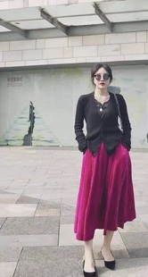 丝绒半身裙女秋冬新款玫红中长款大码百搭高腰复古法式a字裙长裙