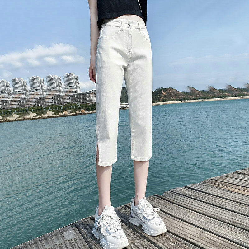 欧货白色直筒开叉七分裤女夏薄款牛仔裤
