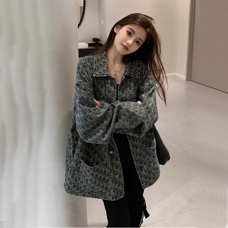 中长款牛仔外套欧货老花复古小众