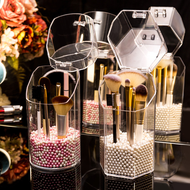 化妆刷收纳桶桌面带珍珠笔筒刷子便携亚克力眉笔眼线笔防尘收纳盒