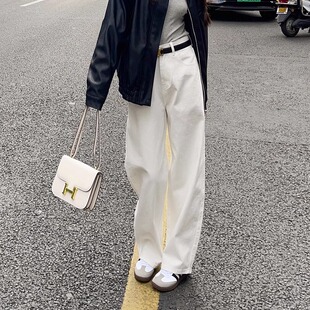 175高个子加长裤 阔腿宽松女秋冬直筒高腰显瘦加绒白色 子180牛仔裤