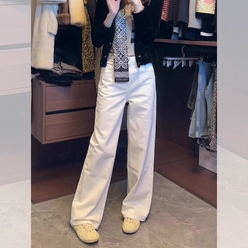 175高个子加长裤子180牛仔裤阔腿宽松女秋冬直筒高腰显瘦加绒白色