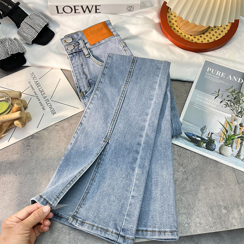 开叉微喇牛仔裤女高腰显瘦喇叭裤子大码胖mm春秋夏季小个子薄款