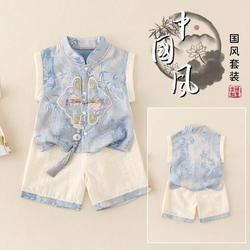 儿童汉服男童国风中国宝宝唐装短袖夏季新款帅气中式周岁套装礼服