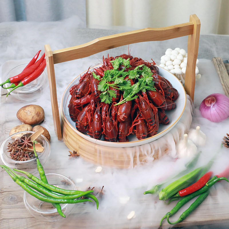 手提竹筒特色菜意境菜陶瓷大盘干冰刺青龙虾海鲜主题餐厅圆形盘子