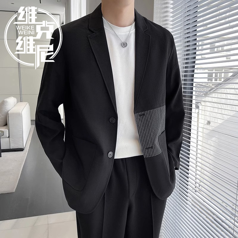 拼接西装外套男士2025春秋新款潮牌痞帅高级感轻熟风休闲西服上衣