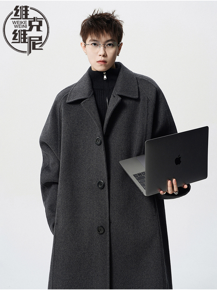 中长款毛呢大衣男秋季高街百搭情侣休闲上衣潮牌修身显瘦风衣