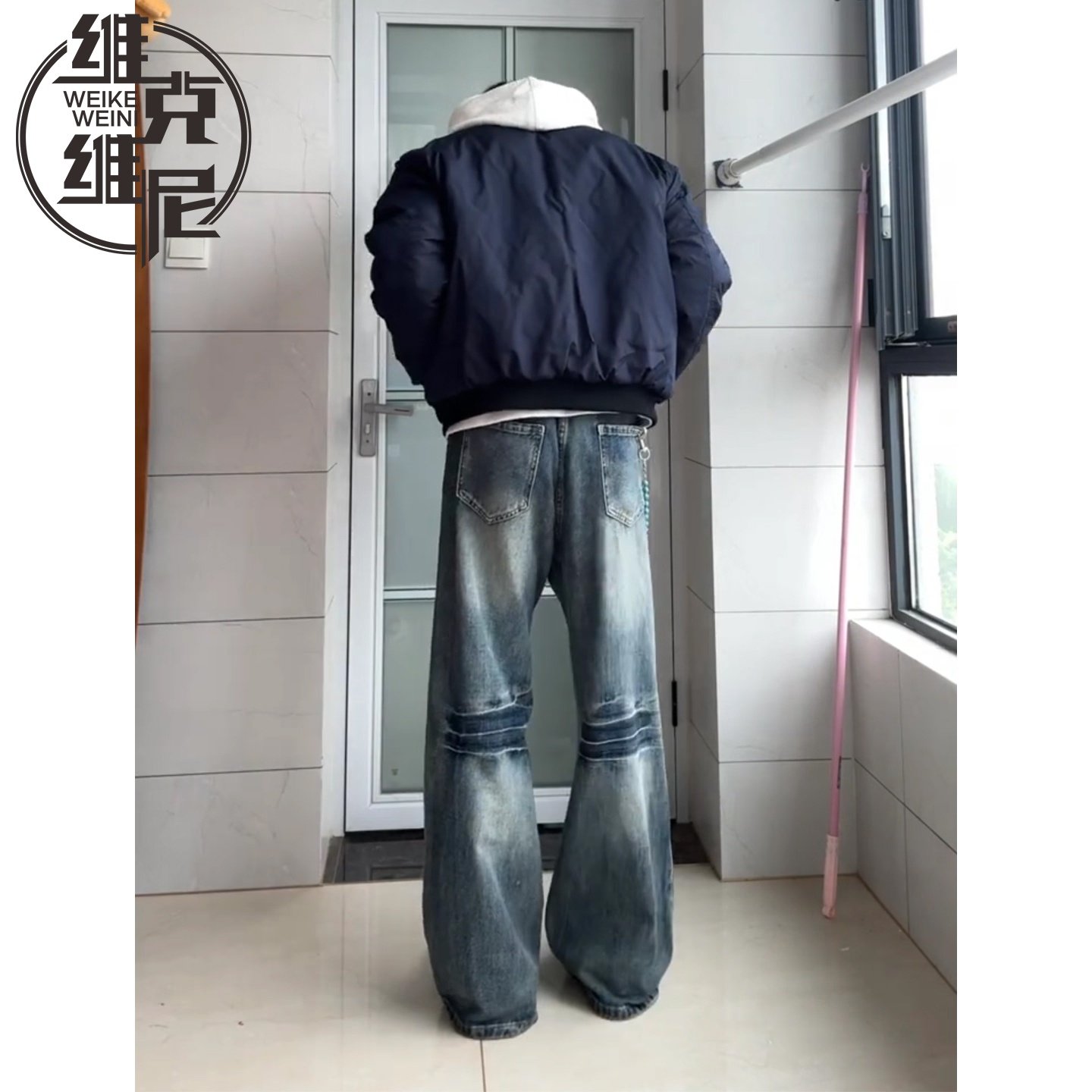 微喇牛仔裤男士秋冬季美式潮牌宽松直筒阔腿弯刀裤加绒加厚休闲裤