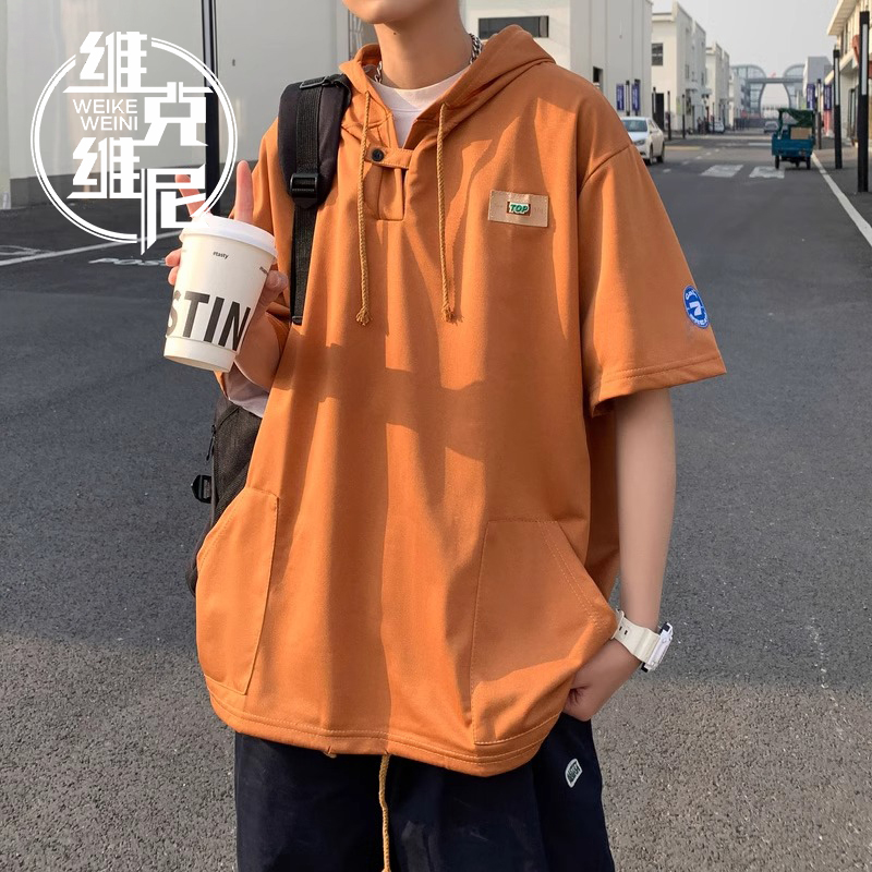 美式复古短袖T恤男士夏季薄款潮牌痞帅设计感宽松五分袖连帽卫衣