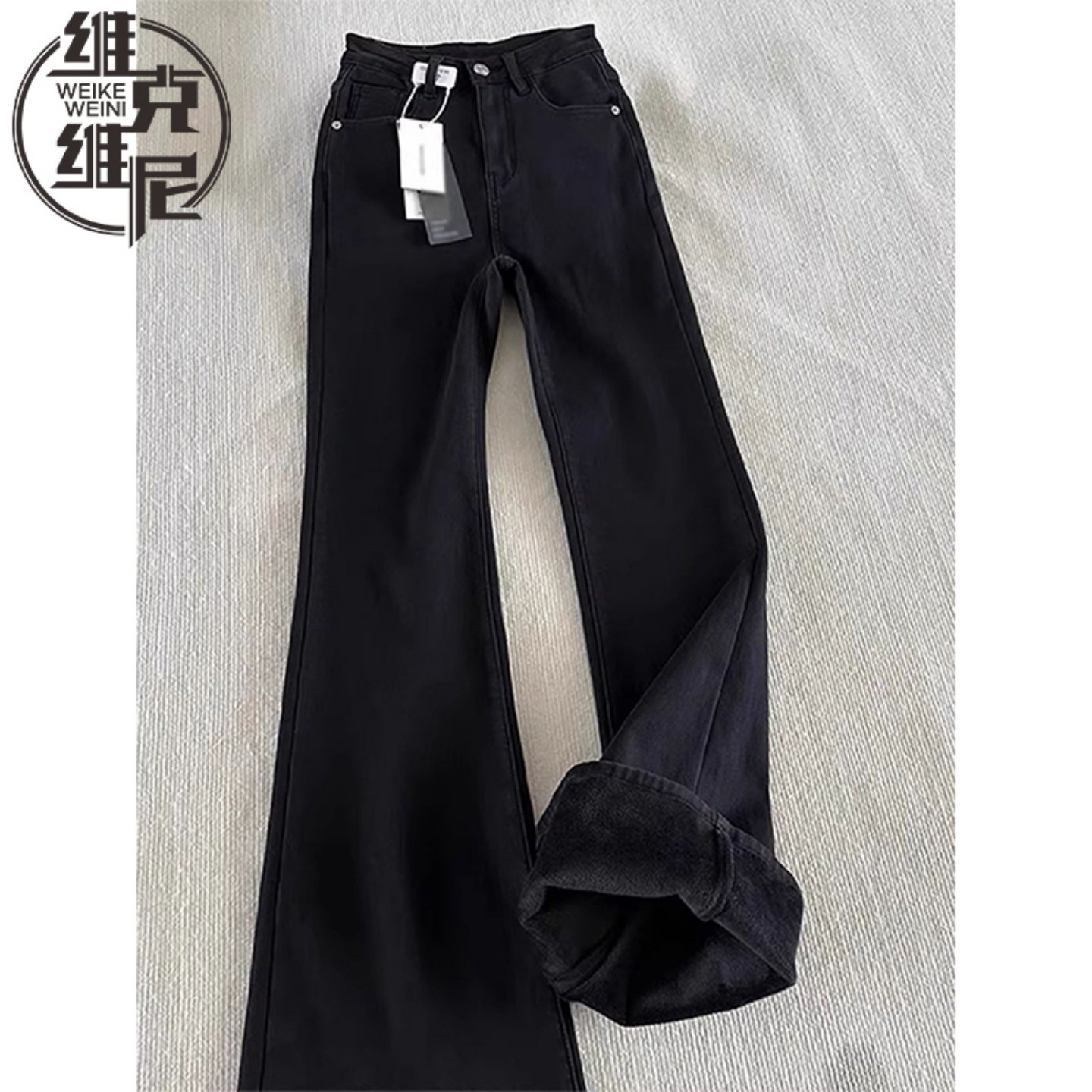 弯刀牛仔裤男士秋冬季美式潮牌宽松直筒微喇裤加绒加厚保暖休闲裤