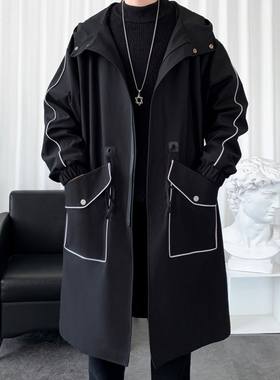 风衣外套男潮牌春秋美式潮流休闲帅气男士宽松中长款黑色连帽大衣