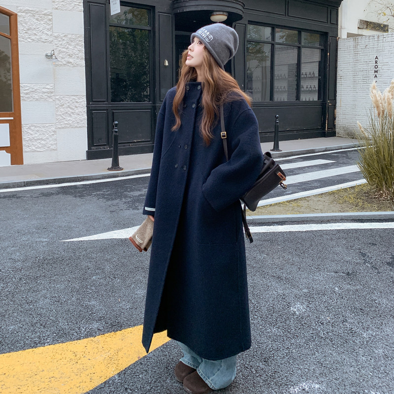 OneSession 藏青色长款双面羊毛大衣女英伦高级感连帽毛呢子外套