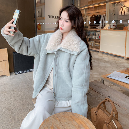 OneSession 韩系巨好看的初冬羊羔毛外套短款麂皮摇粒绒毛毛夹克