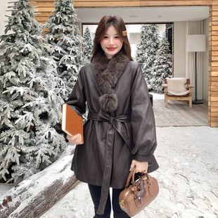 OneSession 棕色羽绒服内胆皮衣女中长款韩系收腰冬季狐狸毛外套