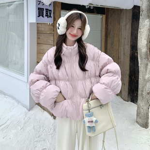 OneSession 粉色短款泡芙排骨羽绒服女冬季小个子保暖白鸭绒外套