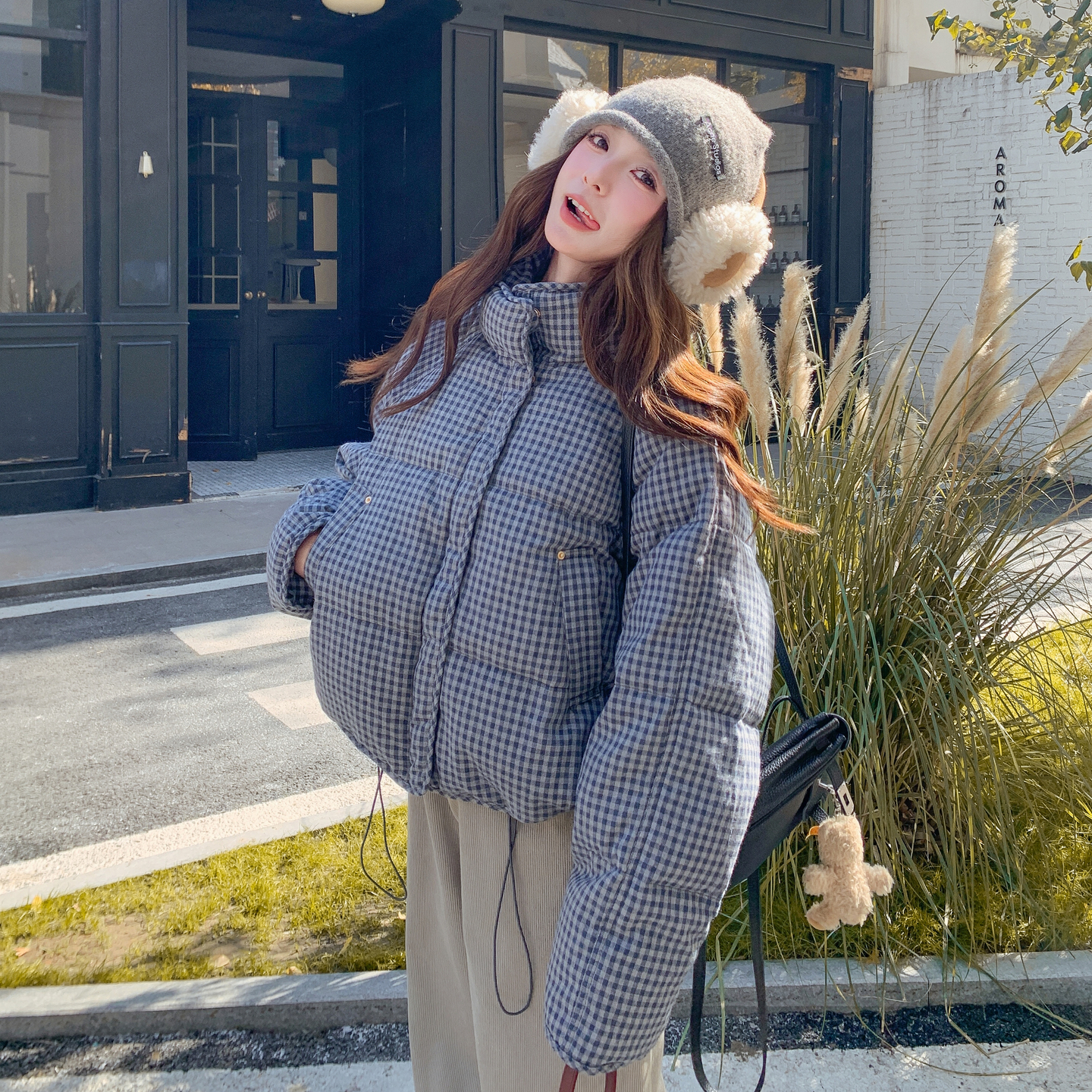OneSession 蓝色格子羽绒服短款女装冬季保暖小个子面包服外套
