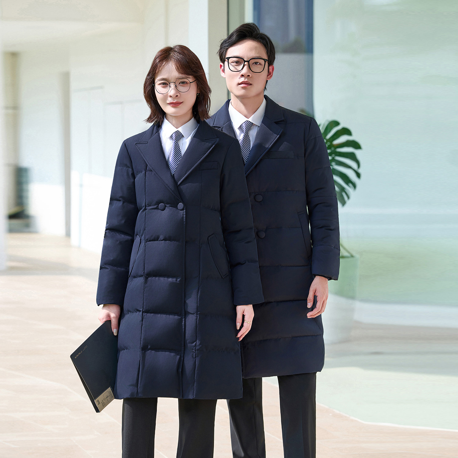 西装领棉服男女同款冬季新款中长款加厚保暖职业装工作服棉衣外套