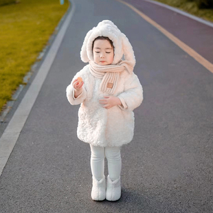 宝宝兔耳朵外套女孩仿皮草大衣双面毛毛加绒中长款可爱过年服女童