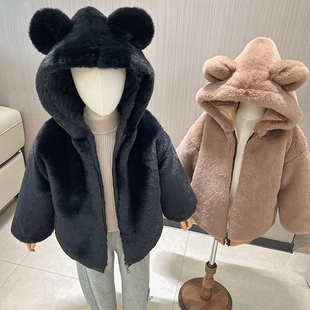 男童女童毛绒外套冬可爱儿童皮草毛毛衣宝宝小熊连帽大衣加厚棉服