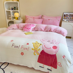 儿童牛奶绒卡通贴布绣四件套秋冬季法兰绒床品被套罩床笠单双人