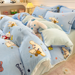 双面牛奶绒卡通印花四件套秋冬季法兰绒床品被套罩床笠单双人儿童