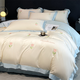 2024新款冰丝刺绣四件套丝滑可裸睡被套罩床笠单双人家用夏季床品