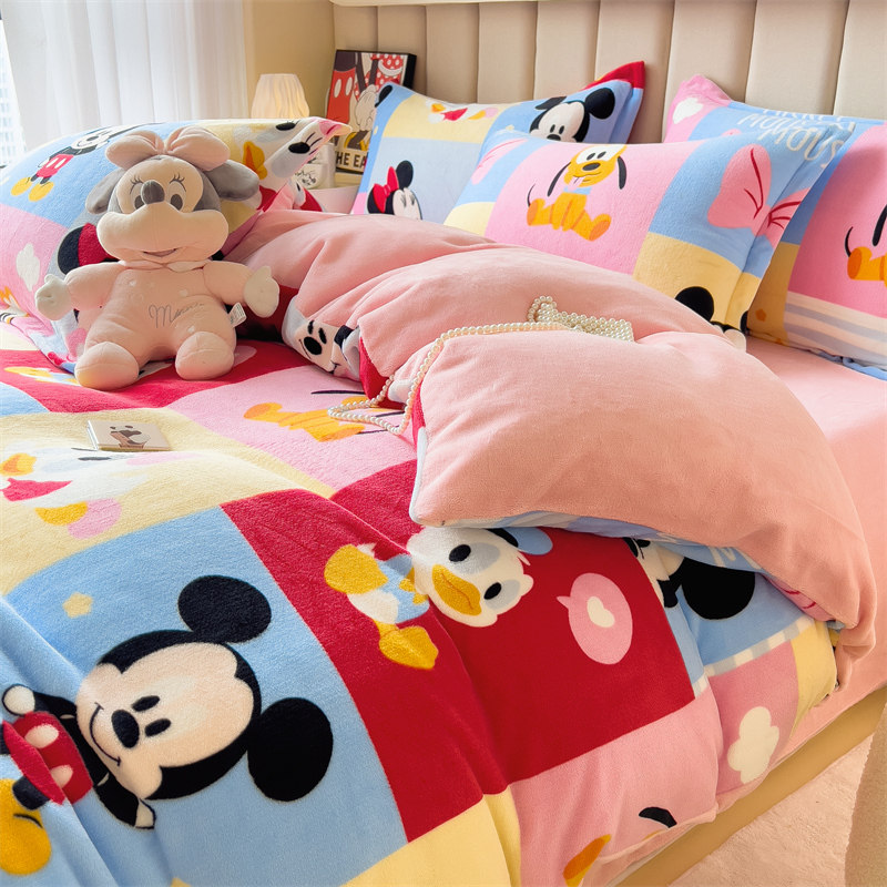 珊瑚绒加厚米奇牛奶绒床品四件套儿童单双人法兰绒床单床笠被套罩