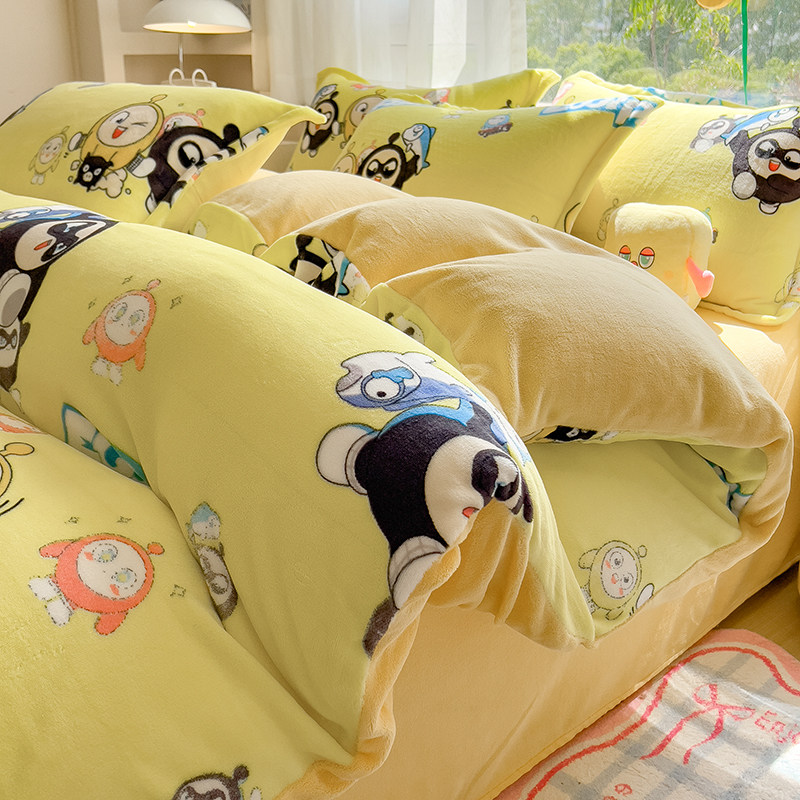 可爱卡通牛奶绒印花被套罩冬季加绒加厚床单床笠珊瑚法兰绒四件套
