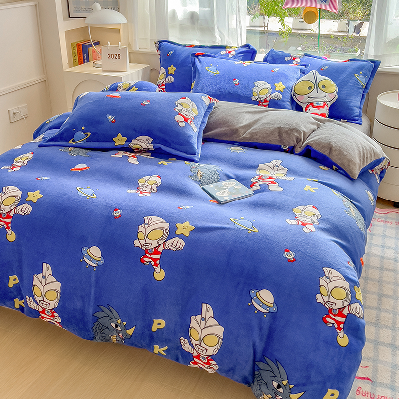 卡通正版奥特曼牛奶绒被套儿童学生宿舍床单三件套家用珊瑚绒床笠