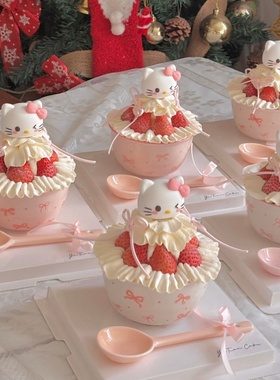 2026新年跨年蛋糕装饰helloKitty草莓碗甜品碗kt猫蝴蝶结陶瓷碗