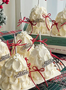 2025圣诞节蛋糕装饰木制MerryChristmas插牌红色鹿皮绳装扮插件