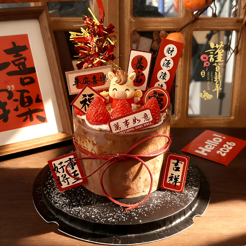 2026中式马年新年蛋糕装饰平安喜乐财源滚滚可爱小马装扮摆件插件